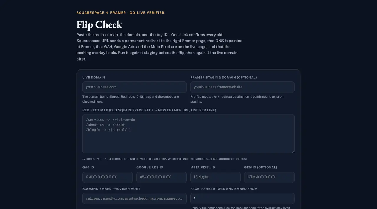 Flip Check: a launch verifier form for Squarespace to Framer migrations