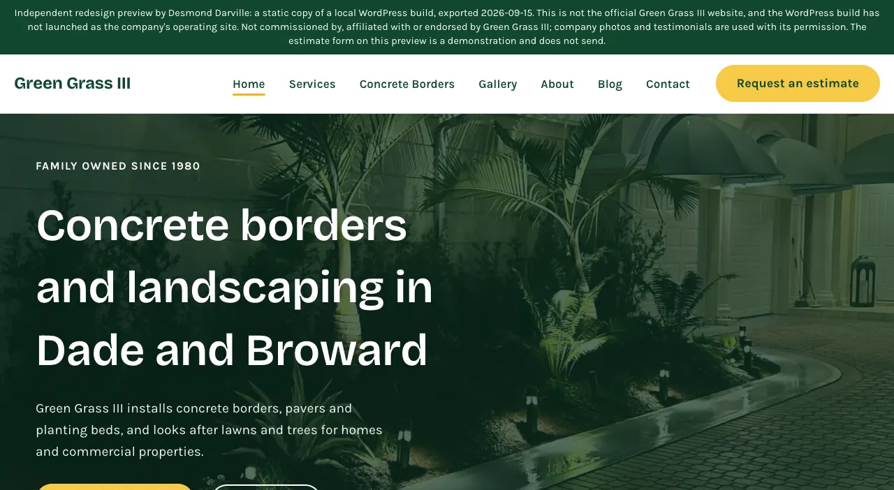 Green Grass III concept homepage: the headline Concrete borders and landscaping in Dade and Broward over a night photo of lit palms and a paver walkway