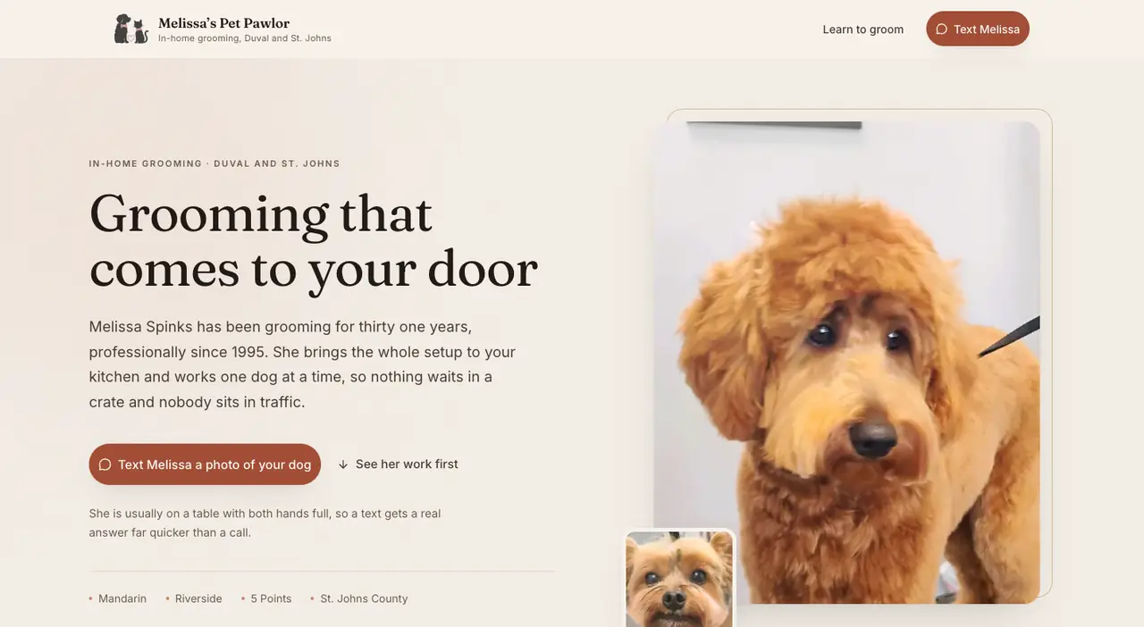 Melissa's Pet Pawlor homepage: grooming that comes to your door, with a groomed golden doodle