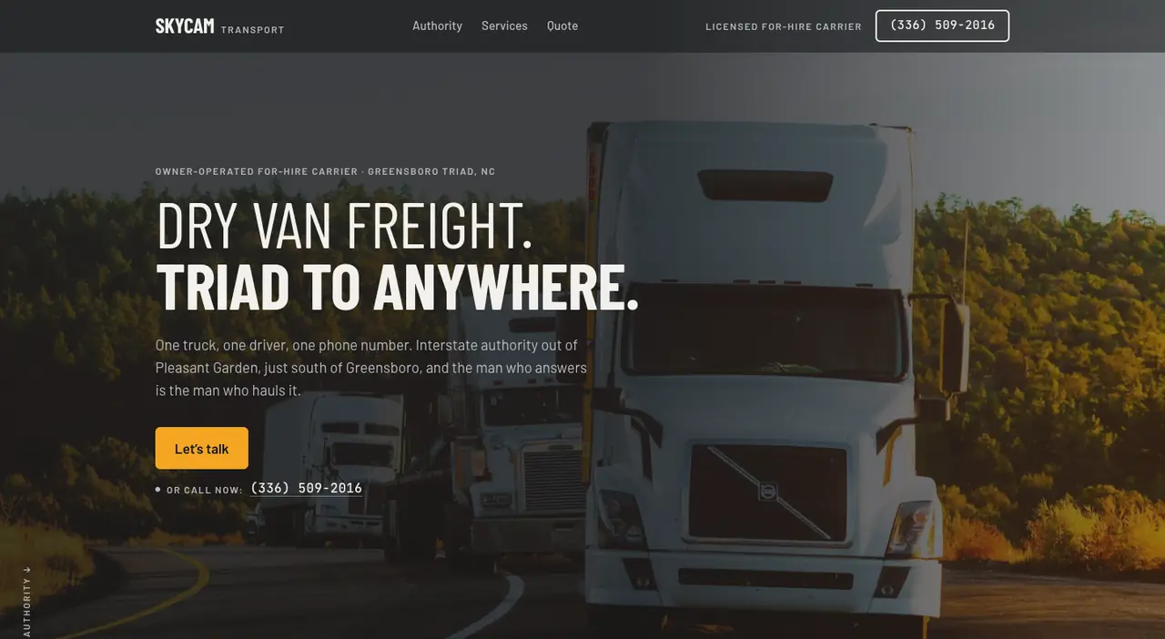 Skycam Transport homepage: dry van freight, Triad to anywhere, with a white semi truck on a highway