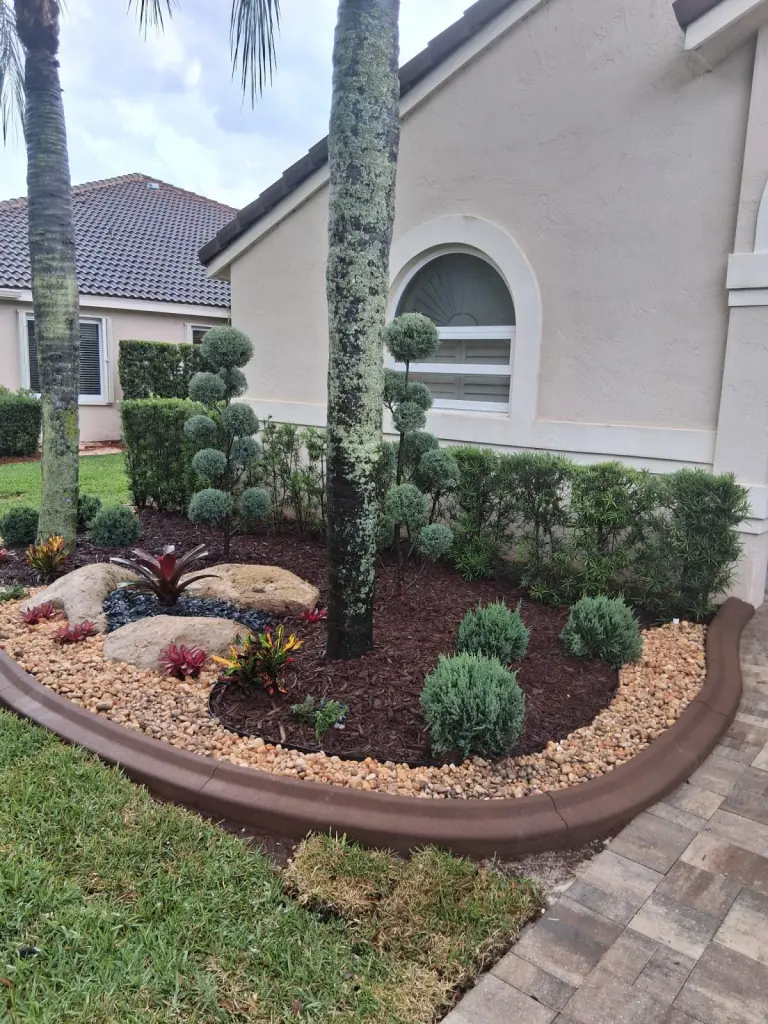 Curved concrete border around a mulched bed with rounded topiary shrubs