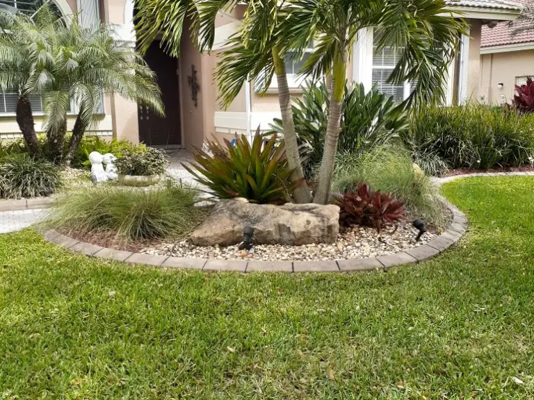 Island planting bed with palms and boulders in a front lawn
